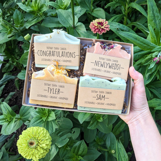 A hand holding a box of four bar soaps with custom labels, presented in a natural setting with greenery in the background.