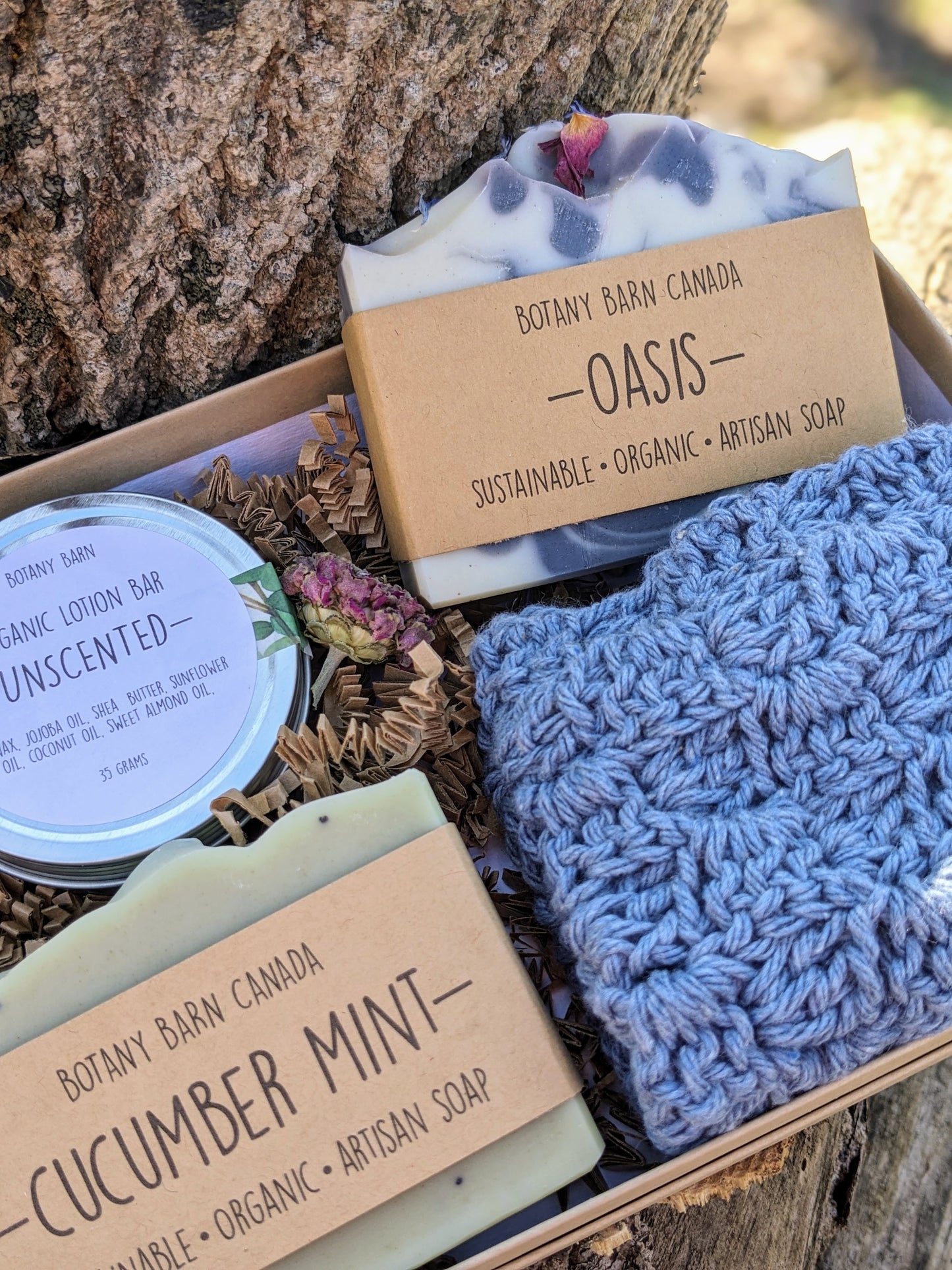 A gift set from Botany Barn Canada featuring two bars of soap, a crocheted blue washcloth, and a lotion bar in a metal tin, all displayed in a natural setting with a kraft gift box.