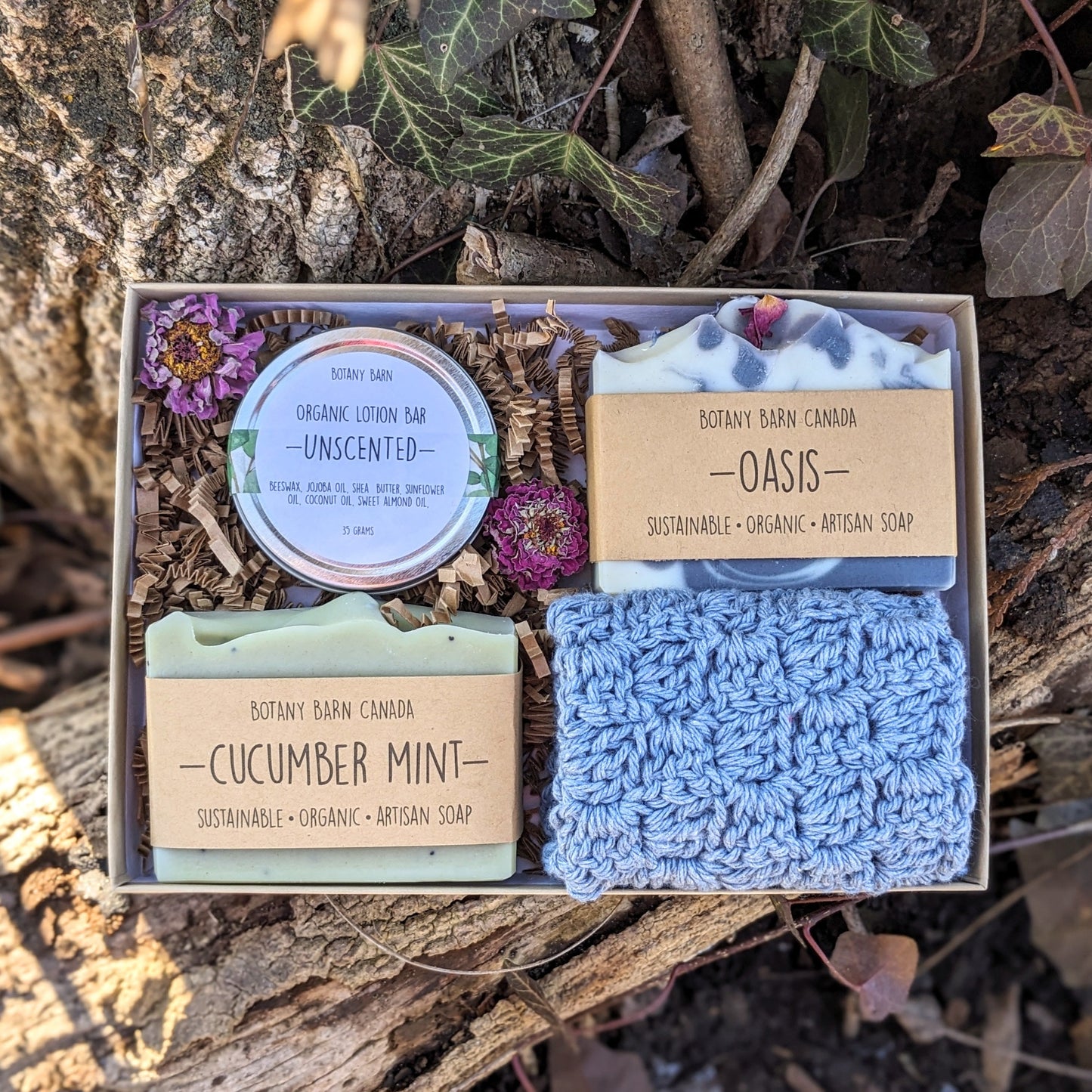 Natural Gift | Canadian Made Organic Soap, Lotion Bar & Blue Washcloth