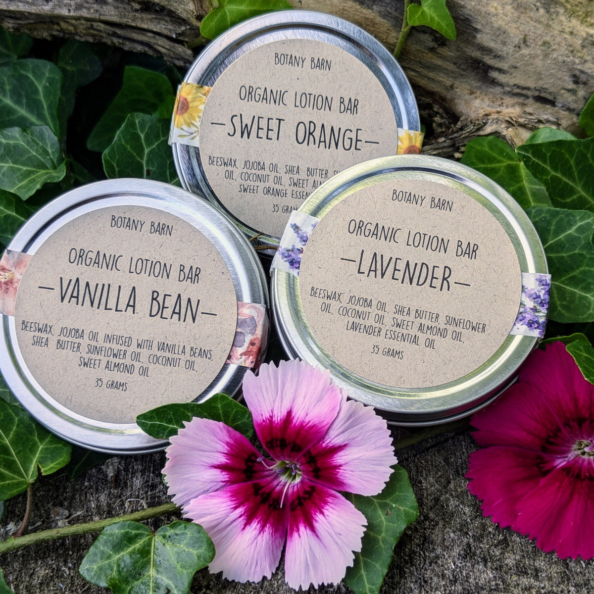 A metal tin containing a solid lotion bar with a label that reads 'Organic Lotion Bar'. The tin is placed on a wooden surface with a red flower next to it, and there's a blurred background of greenery.