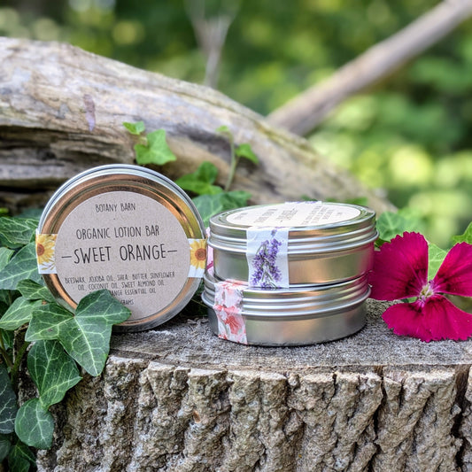A metal tin containing a solid lotion bar with a label that reads 'Organic Lotion Bar' and 'Sweet Orange'. The tin is placed on a wooden surface with a red flower next to it, and there's a blurred background of greenery.