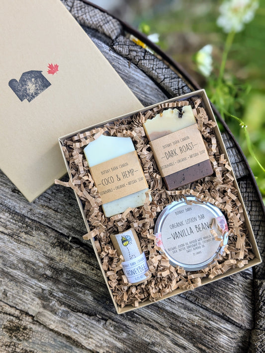 A gift box containing a variety of eco-friendly personal care items including mini soap bars, a lotion bar, and lip balm, all displayed on a bed of shredded paper filling.
