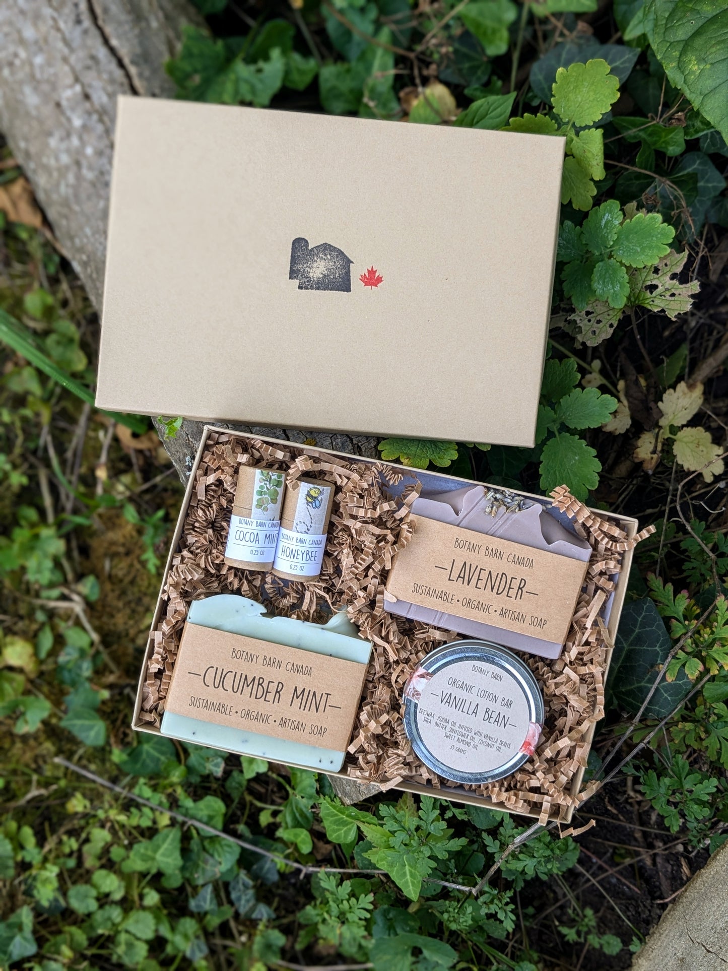 A custom gift box from Botany Barn Canada containing artisan soaps, lip balm, and a lotion bar, displayed outdoors with visible product labels and a kraft paper box.