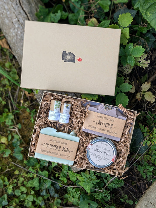 A custom gift box from Botany Barn Canada containing artisan soaps, lip balm, and a lotion bar, displayed outdoors with visible product labels and a kraft paper box.