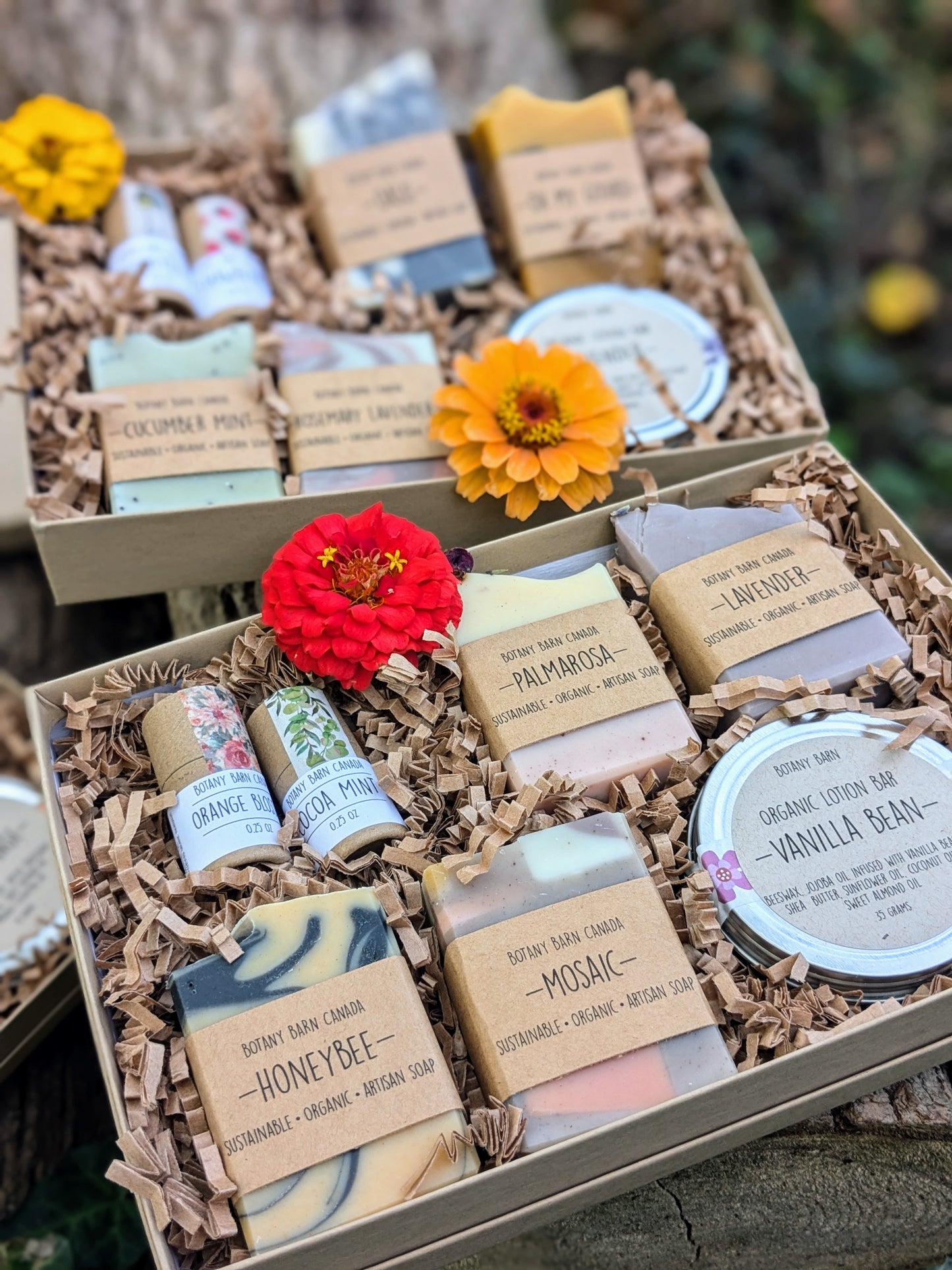 A gift set of handmade soaps, organic lotion in a metal tin, and eco-friendly lip balm tubes, all packaged in a kraft gift box with decorative flowers on top.