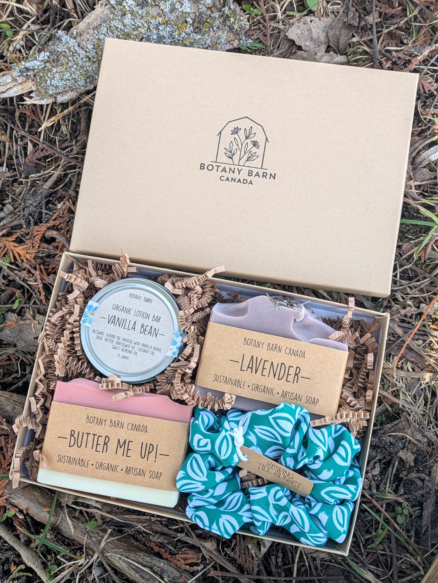 Natural Gift Set | Canadian Made Artisan Soaps, Organic Lotion Bar & Scrunchie