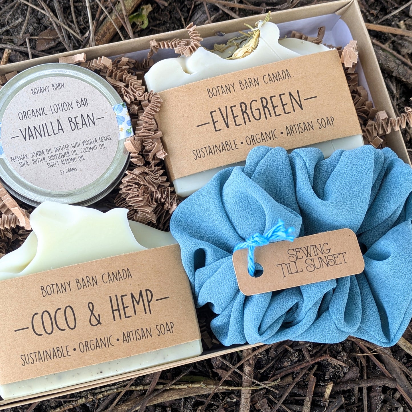 Natural Gift Set | Canadian Made Artisan Soaps, Organic Lotion Bar & Scrunchie