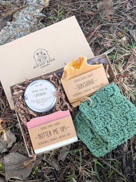 Coffret cadeau écologique avec savon biologique fait à la main, barre de lotion et gant de toilette vert