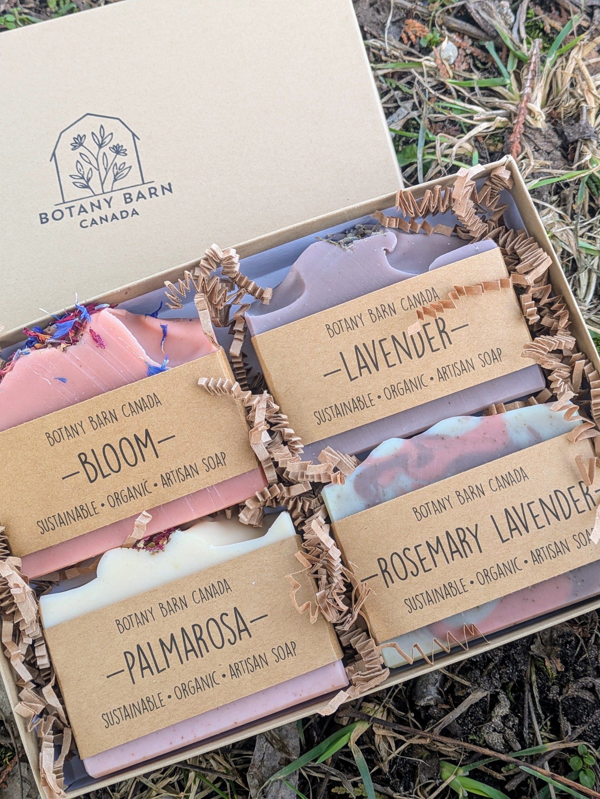 Box of Botany Barn Canada soaps with visible branding and product names.