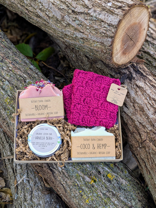 Coffret cadeau spa avec savon biologique fait main, barre de lotion et gant de toilette bleu