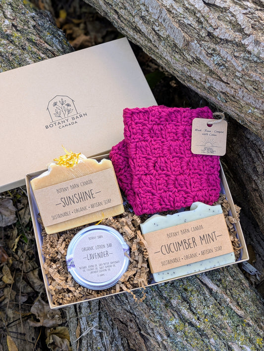 Coffret cadeau spa avec savon biologique fait main, barre de lotion et gant de toilette bleu