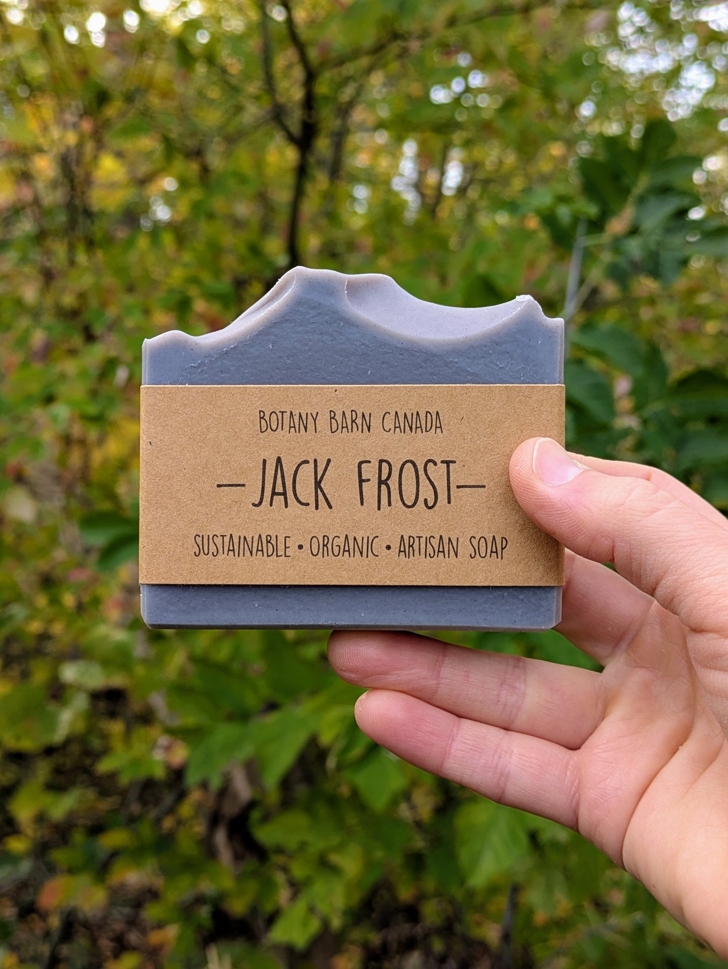 Bar of soap with a 'Jack Frost' label held in front of green foliage