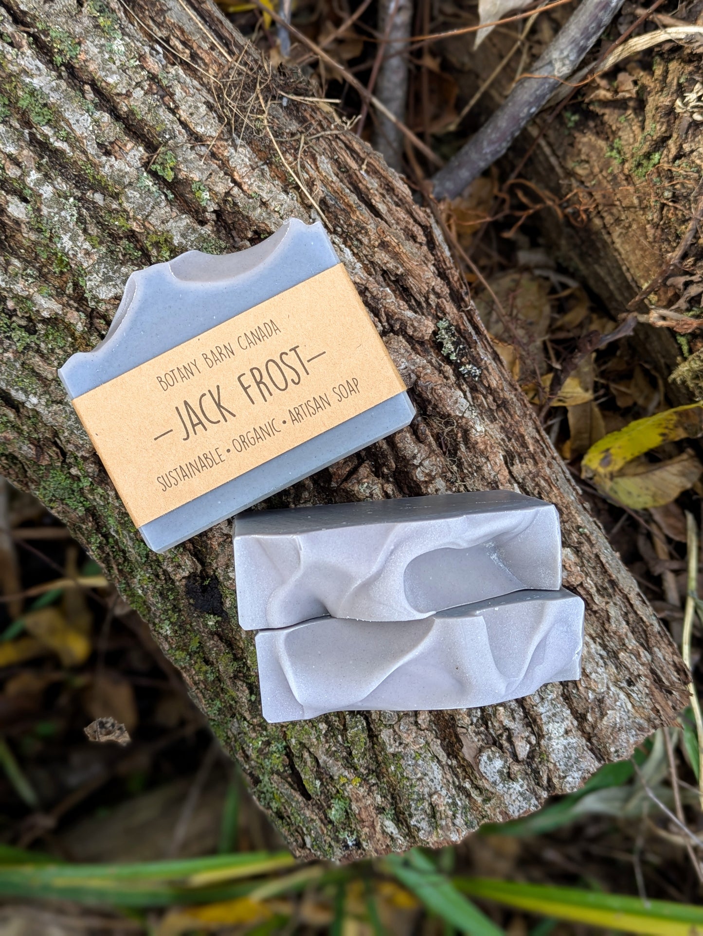 Bar of soap with 'Jack Frost' branding on a tree branch