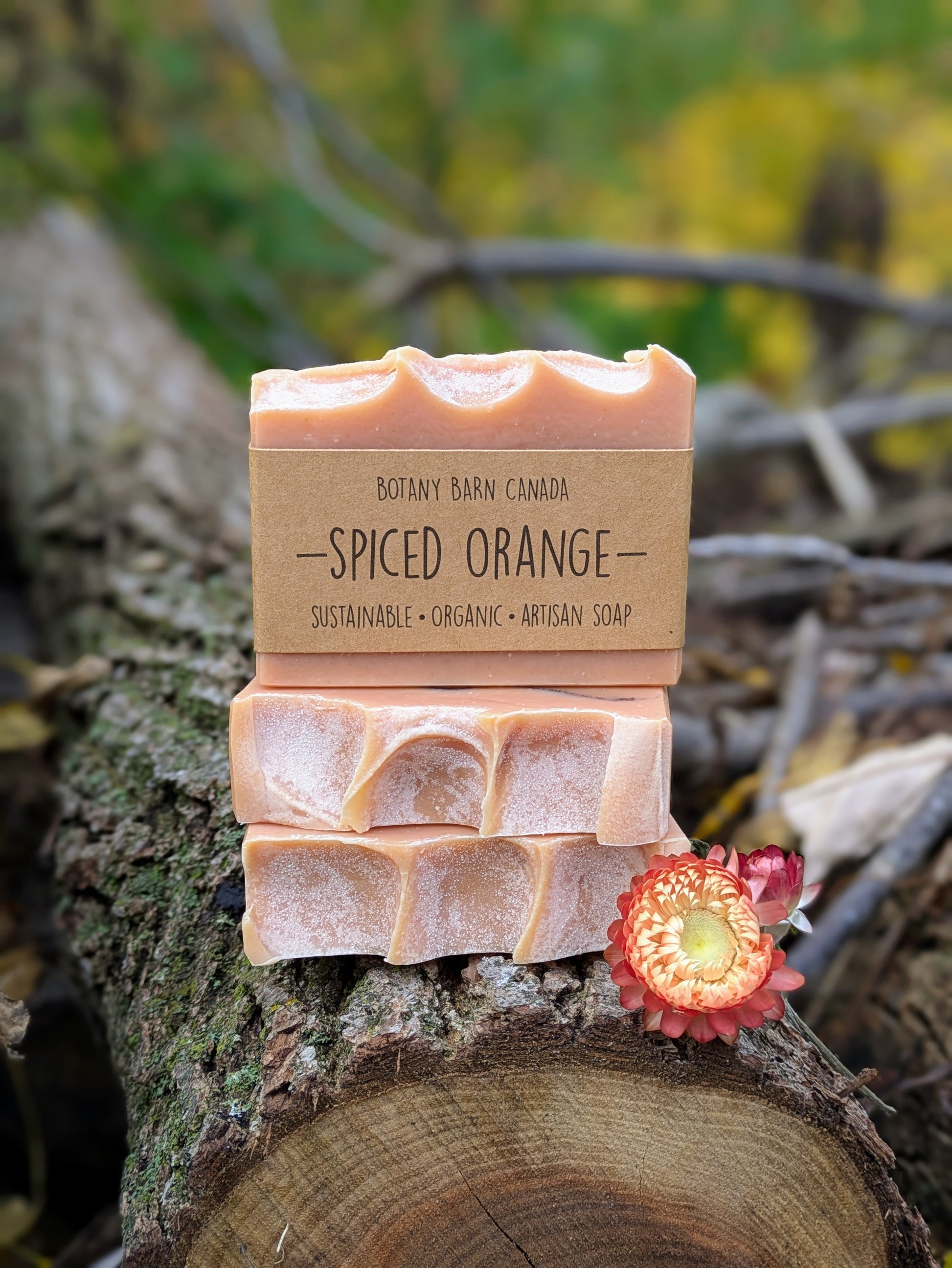 Spiced orange soap bar with packaging on a wooden log outdoors