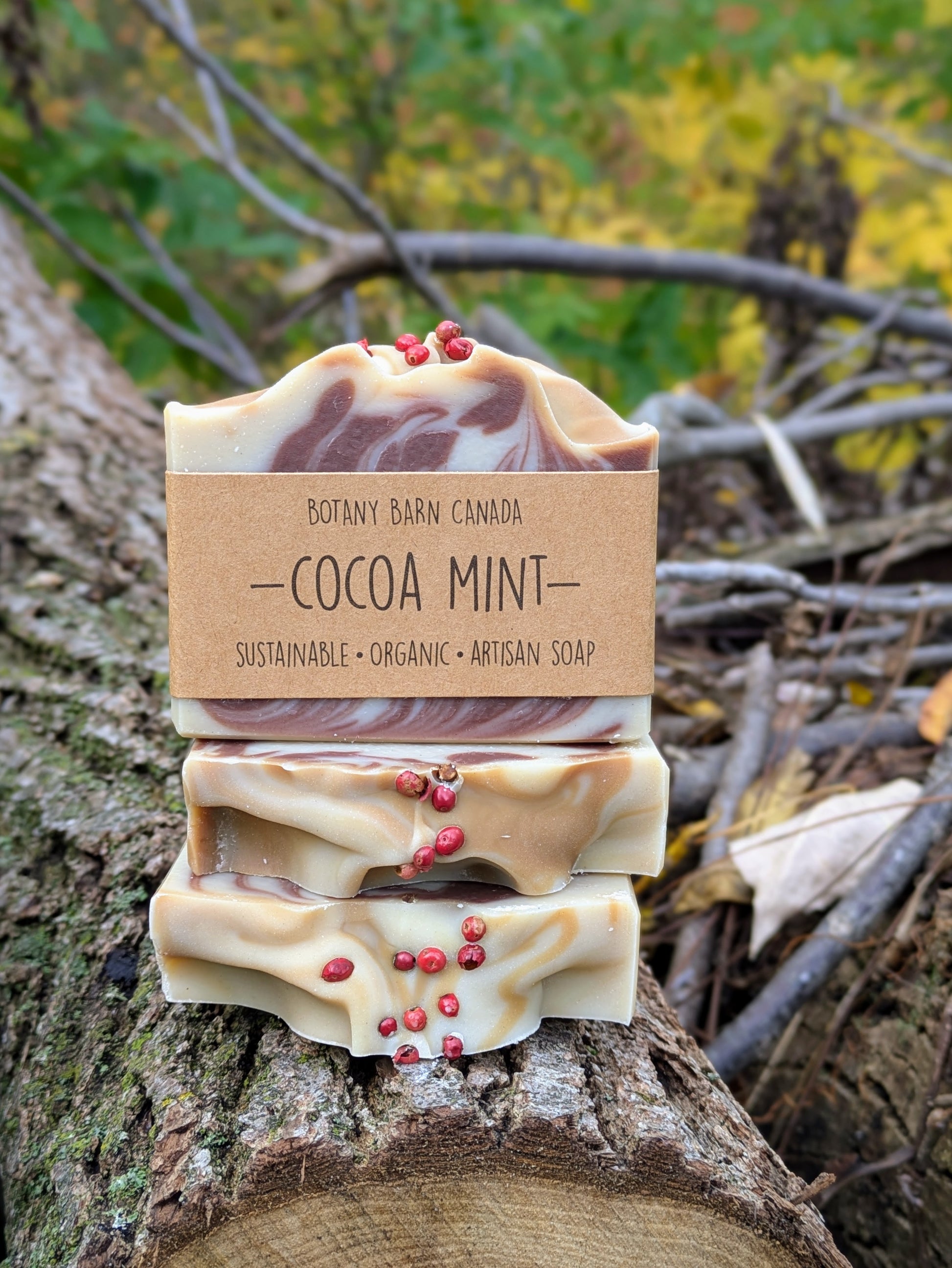 Two bars of soap stacked on a log with a 'Botany Barn Canada' label, set against a natural background.