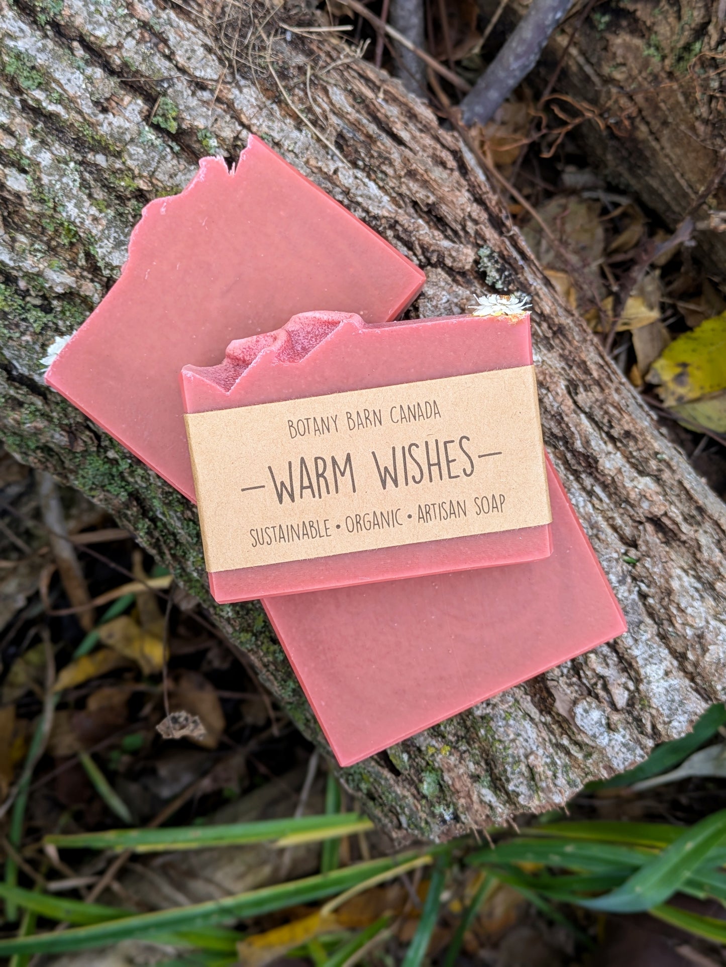 red soap bar with a 'Warm Wishes' label on a tree branch