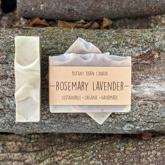 A bar of soap with Botany Barn branding and Rosemary Lavender label