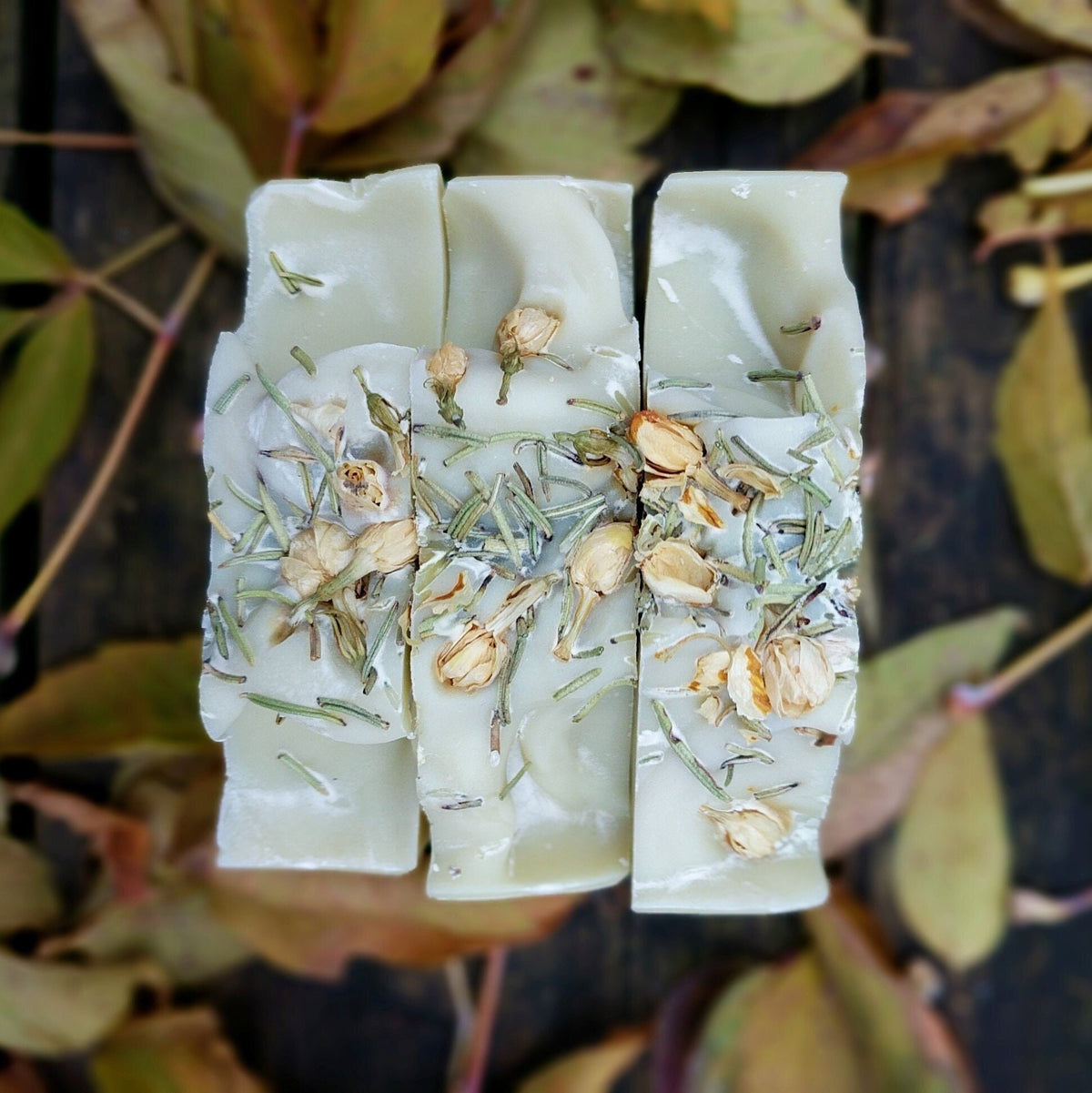 Three soap bars with natural ingredients on a leafy background