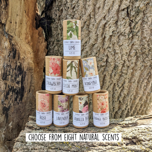 Eight lip balms with Botany Barn labels form a pyramid against a wooded background