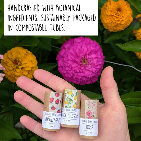 Three lip balm tubes held in a hand with flowers in the background, text about botanical ingredients and compostable packaging.