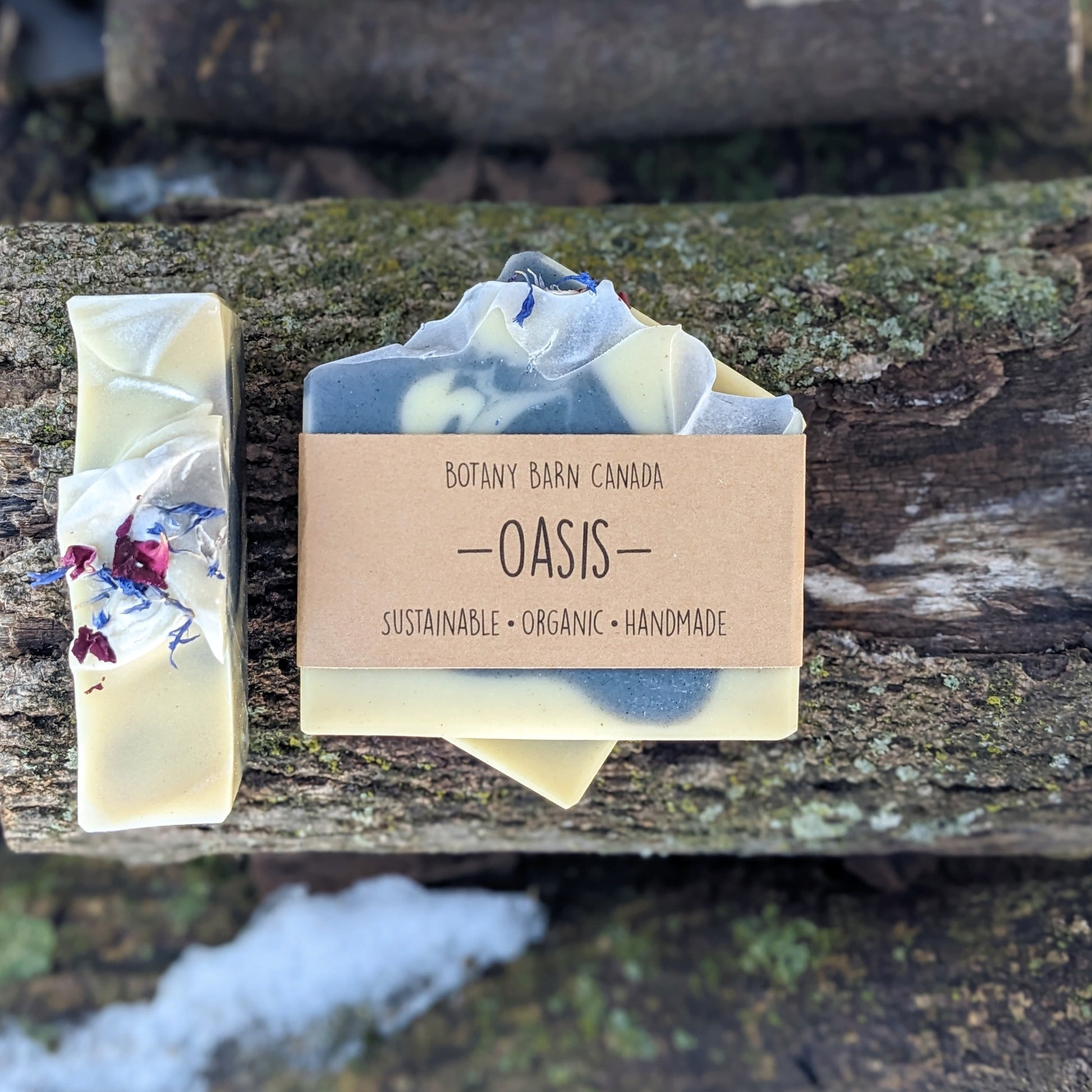 Bars of handmade artisan soap, top and front view. The soap is coloured with swirls of white & blue. The top is decorated with red & blue flower petals. A brown label reads the name of the company, Botany Barn Canada and the name of the soap, Oasis.