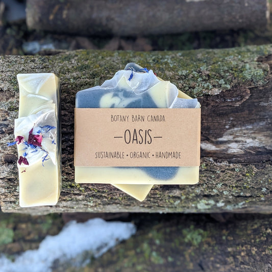 Bars of handmade artisan soap, top and front view. The soap is coloured with swirls of white & blue. The top is decorated with red & blue flower petals. A brown label reads the name of the company, Botany Barn Canada and the name of the soap, Oasis.