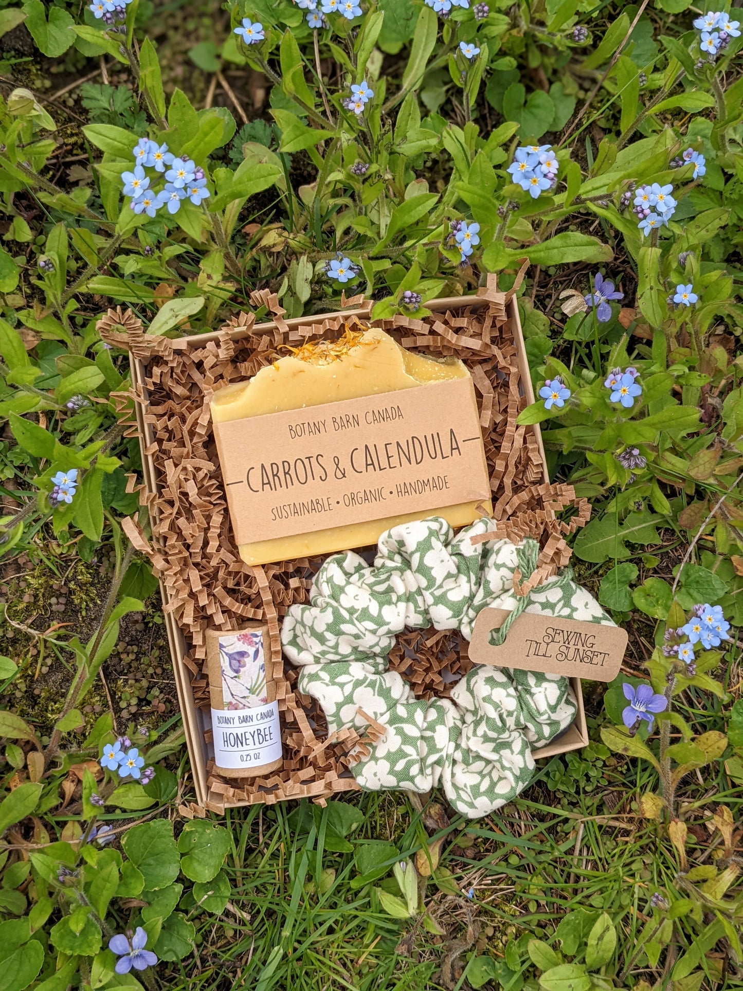 Natural Gift Set | Organic Soap, Biodegradable Lip Balm & Green Floral Scrunchie