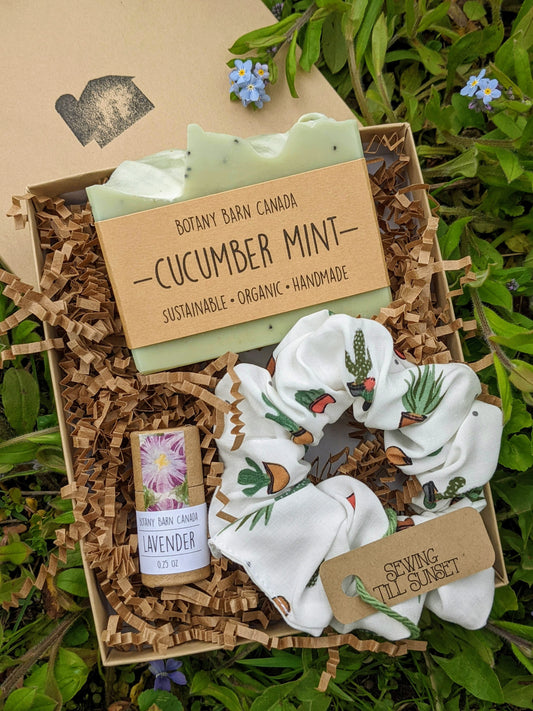 An eco-friendly gift set presented in a kraft gift box, containing a cucumber mint scented organic soap bar, a biodegradable lip balm in an eco-friendly tube, and a handmade white scrunchie with a cacti design.