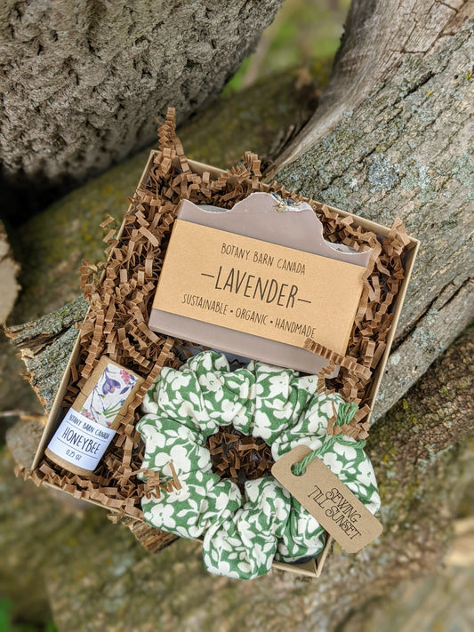 Natural Gift Set | Organic Soap, Biodegradable Lip Balm & Green Floral Scrunchie