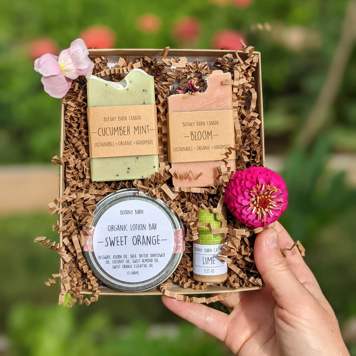A gift box containing a variety of eco-friendly personal care items including mini soap bars, a lotion bar, and lip balm, all displayed on a bed of shredded paper filling.