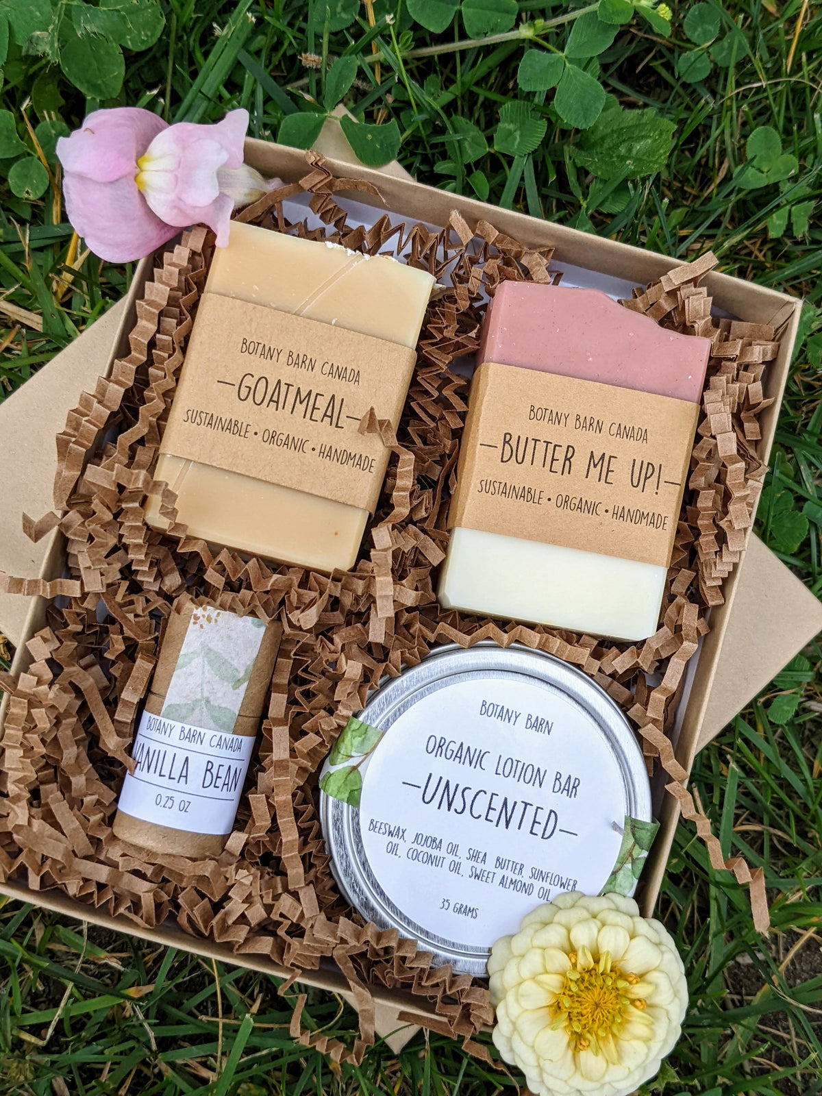 A gift box containing a variety of eco-friendly personal care items including mini soap bars, a lotion bar, and lip balm, all displayed on a bed of shredded paper filling.