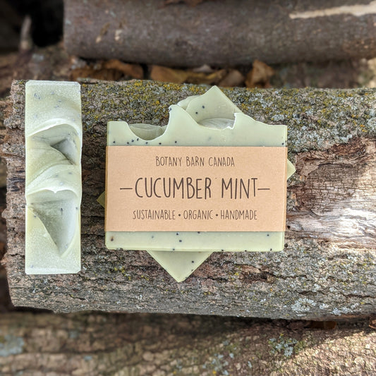 Bars of handmade artisan soap, top and front view. The soap is pale green in colour with poppy seeds embedded throughout. A brown label reads the name of the company, Botany Barn Canada and the name of the soap, Cucumber Mint.
