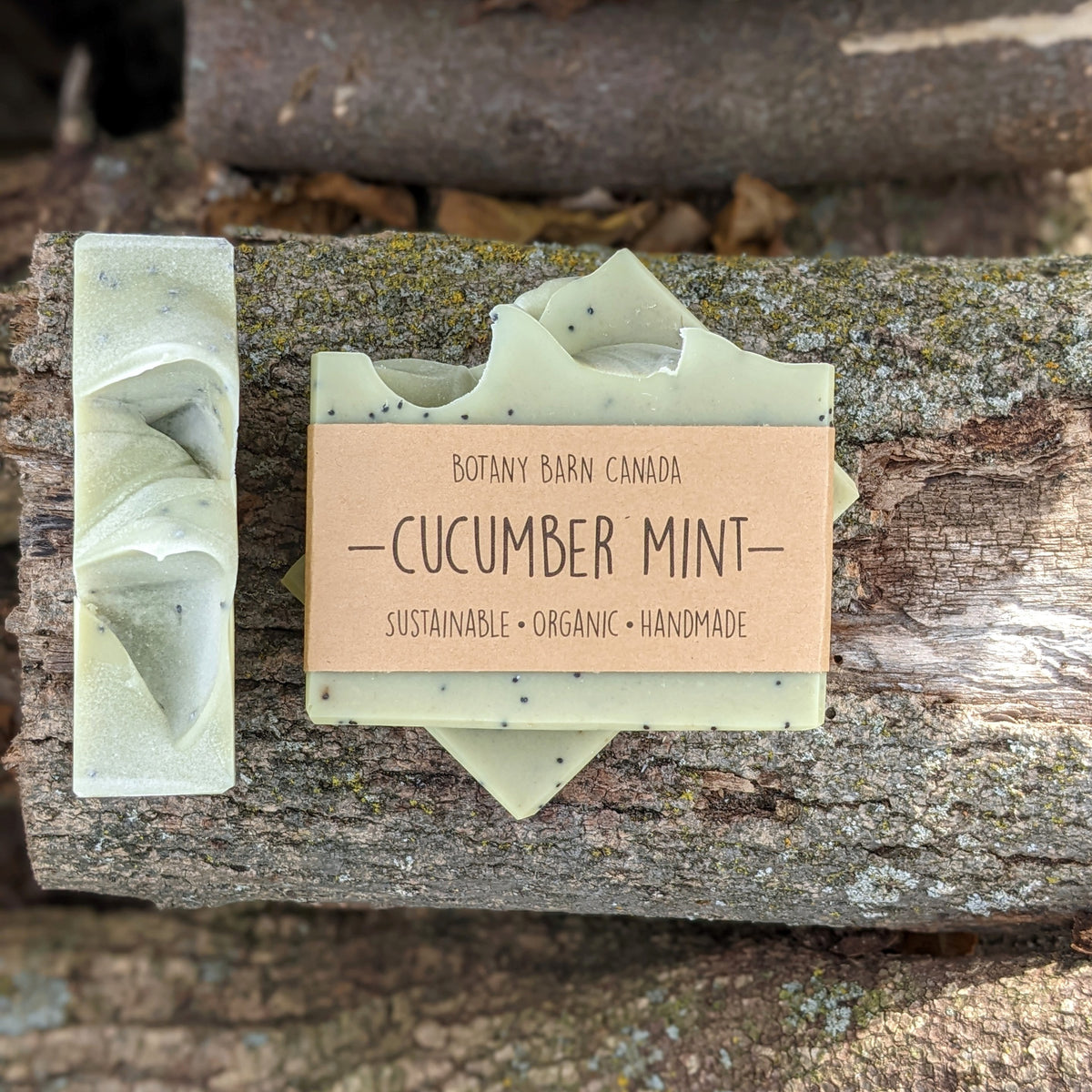 Bars of handmade artisan soap, top and front view. The soap is pale green in colour with poppy seeds embedded throughout. A brown label reads the name of the company, Botany Barn Canada and the name of the soap, Cucumber Mint.
