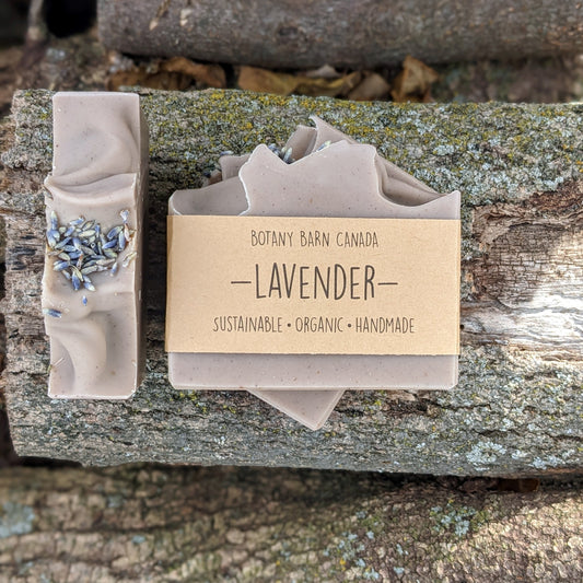 Bars of handmade artisan soap, top and front view. The soap is pale purple in colour with dried lavender buds scattered on top. A brown label reads the name of the company, Botany Barn Canada and the name of the soap, Lavender.