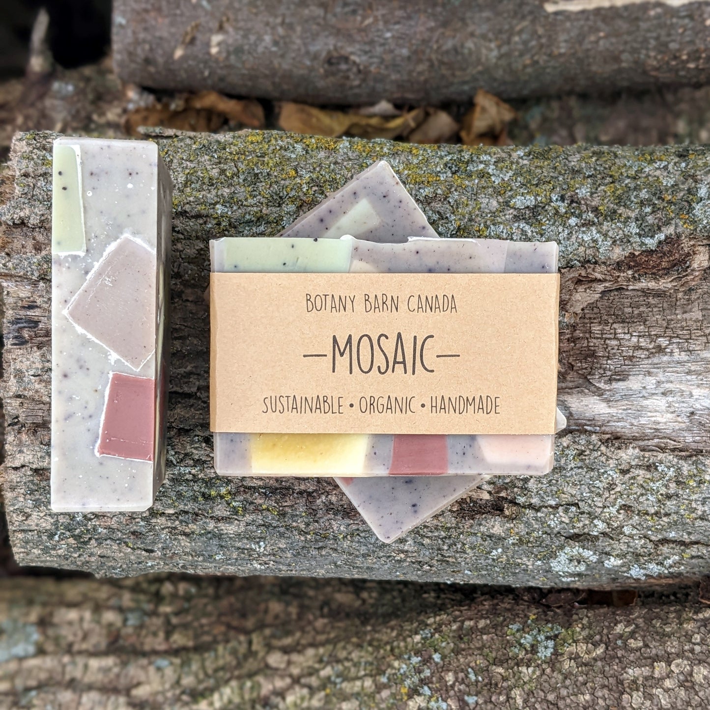 Bars of handmade artisan soap, top and front view. The soap is multicoloured with an artistic mosaic design. A brown label reads the name of the company, Botany Barn Canada and the name of the soap, Mosaic.