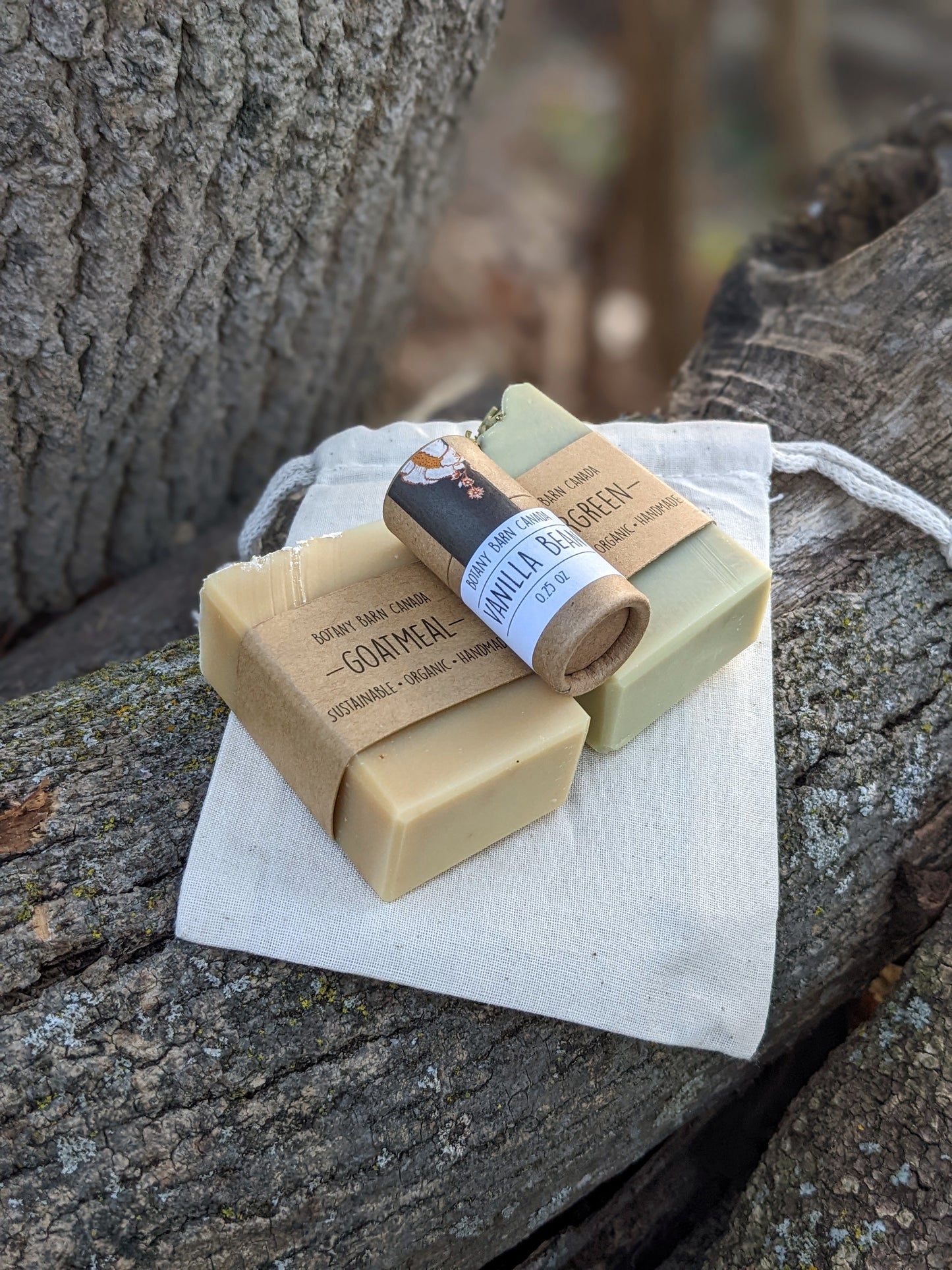 Natural Gift Set | Two Mini Soaps & One Lip Balm in Cotton Bag