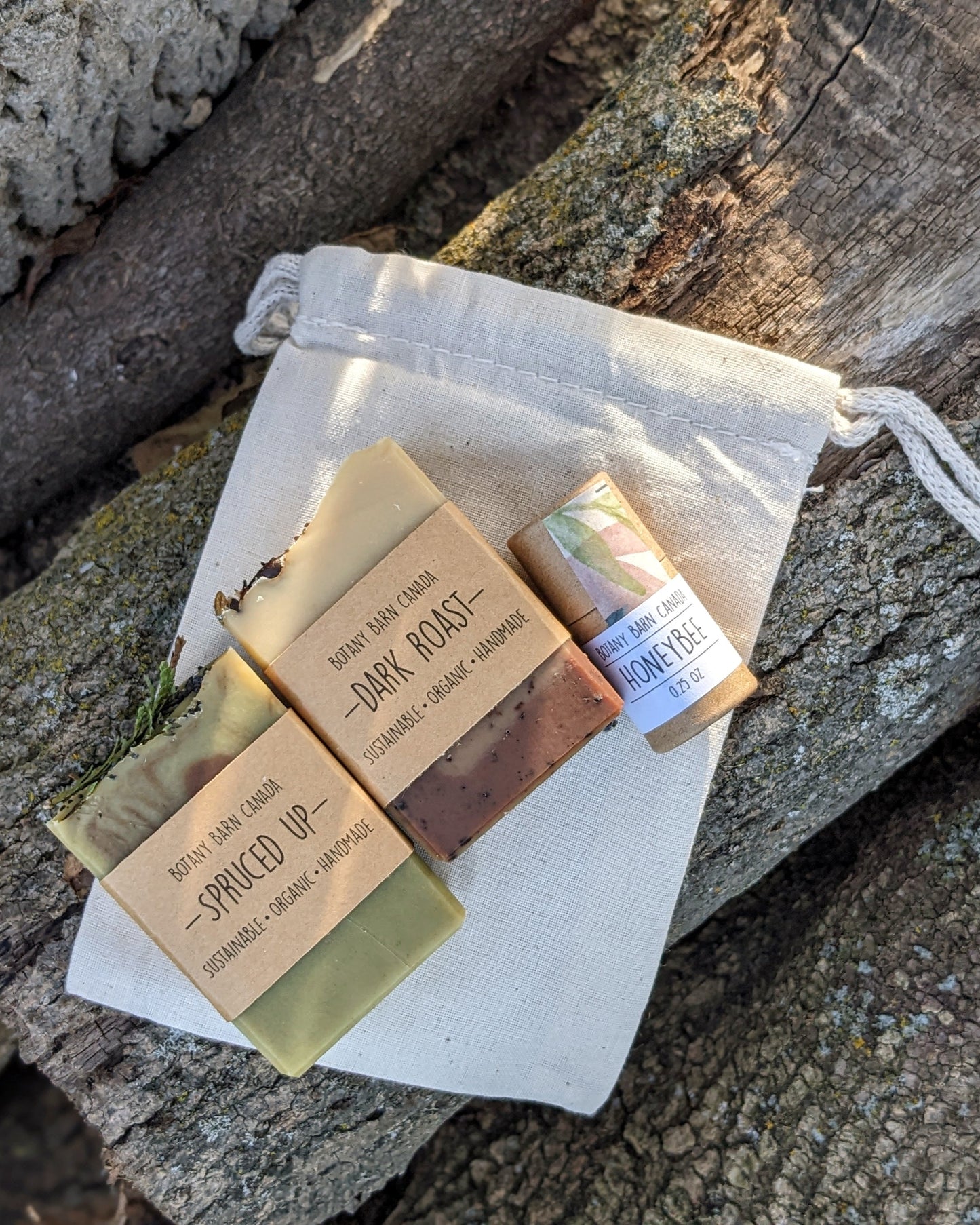 Natural Gift Set | Two Mini Soaps & One Lip Balm in Cotton Bag
