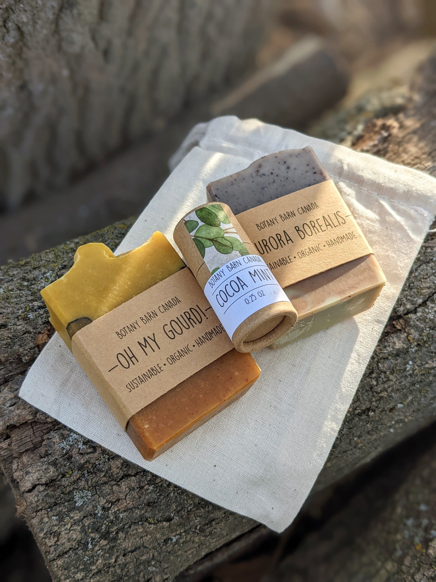 Natural Gift Set | Two Mini Soaps & One Lip Balm in Cotton Bag