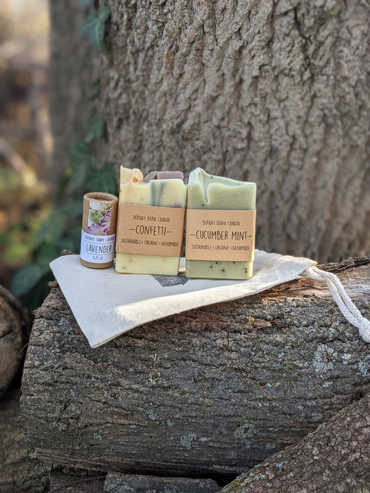 Natural Gift Set | Two Mini Soaps & One Lip Balm in Cotton Bag