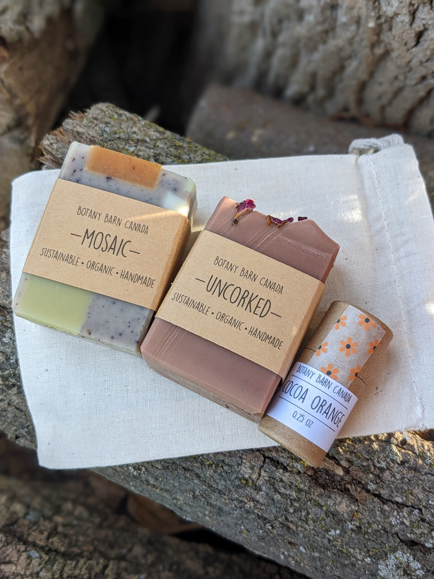 Natural Gift Set | Two Mini Soaps & One Lip Balm in Cotton Bag