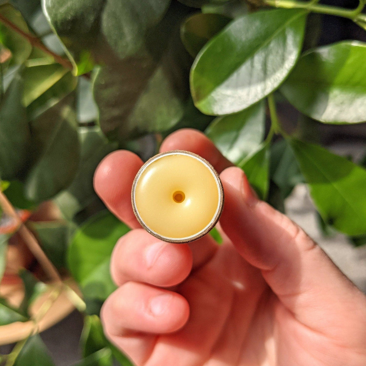 An open lip balm, held in a hand, on a greenery background