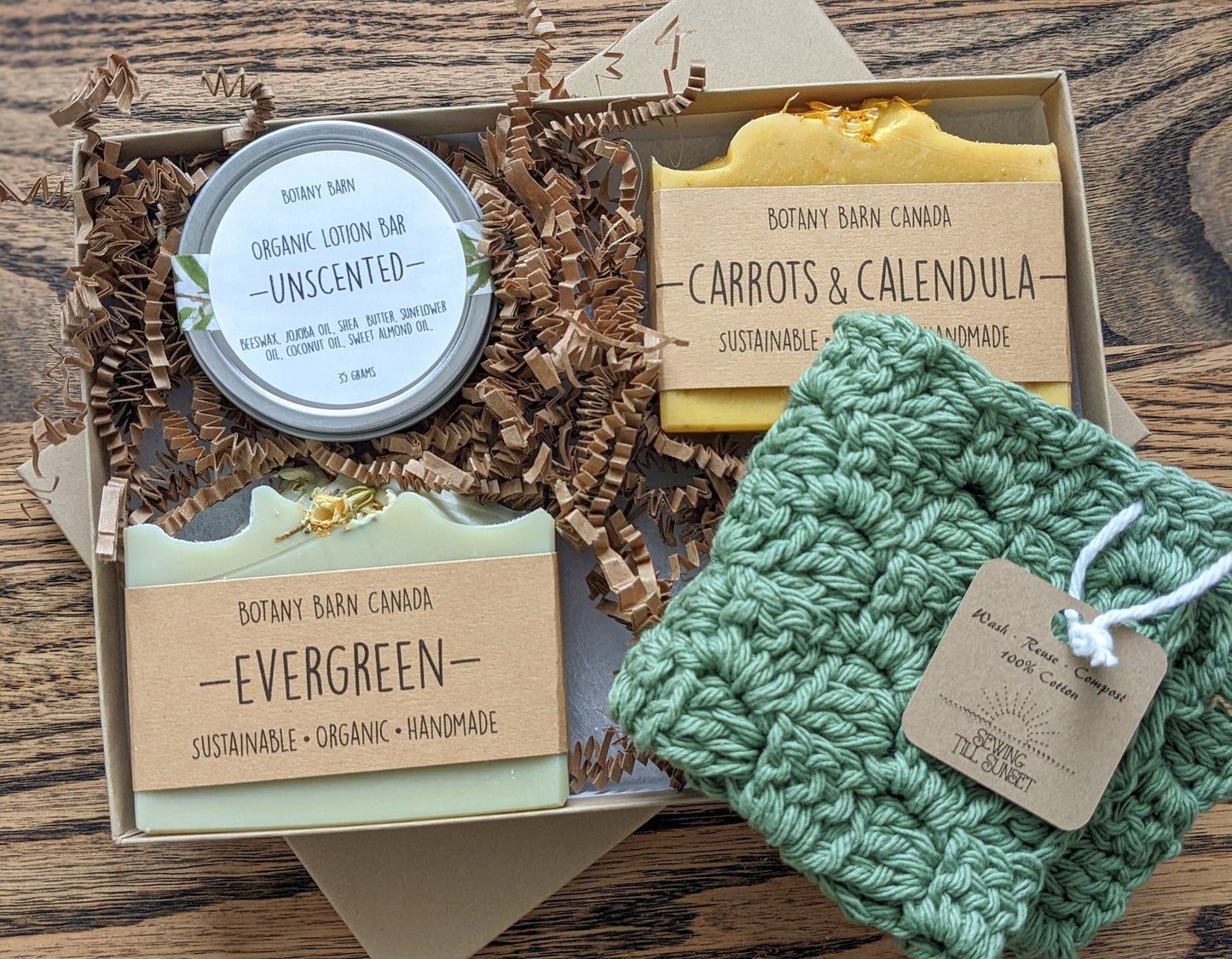Eco-Friendly Gift Box | Handmade Organic Soap, Lotion Bar & Green Washcloth