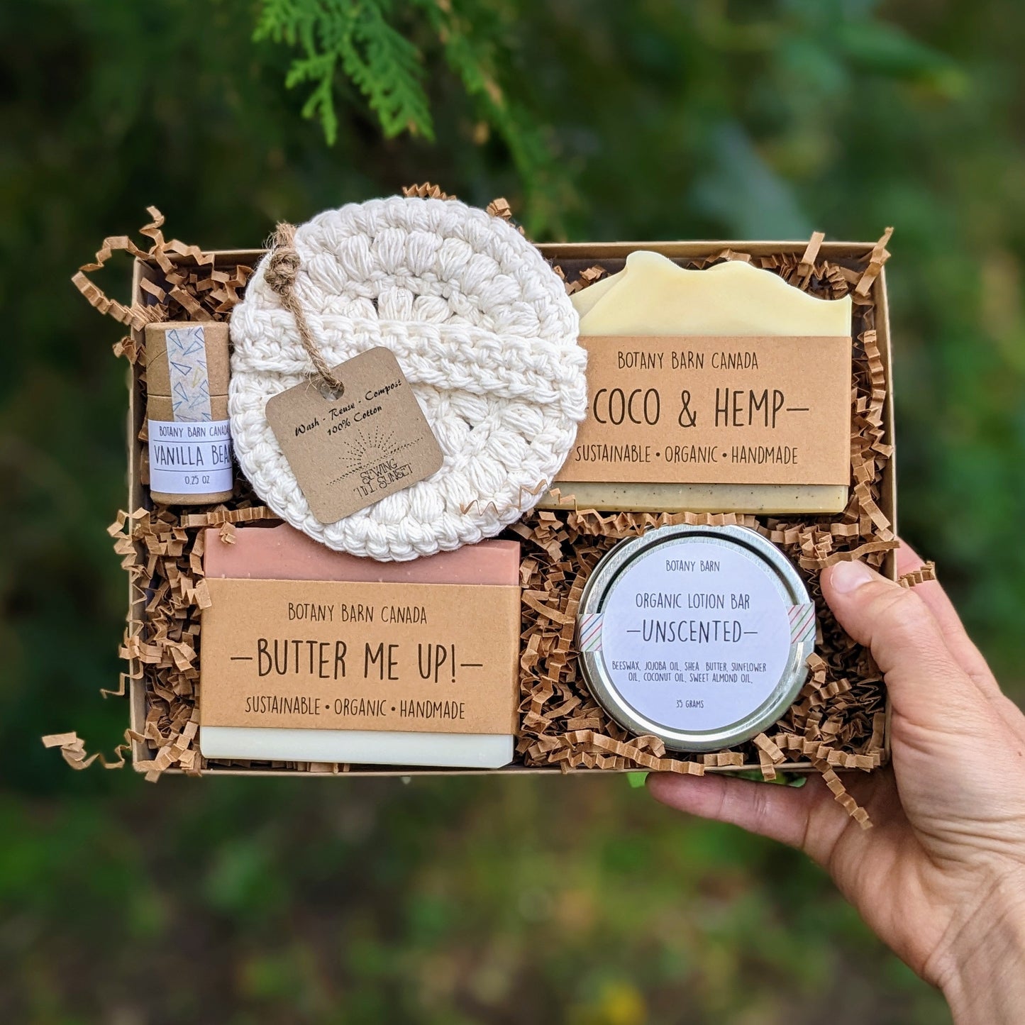 Eco Friendly Scent Free Gift Box - Natural Soaps, Organic Lip Balm & Lotion Bar, Handmade Facial Round