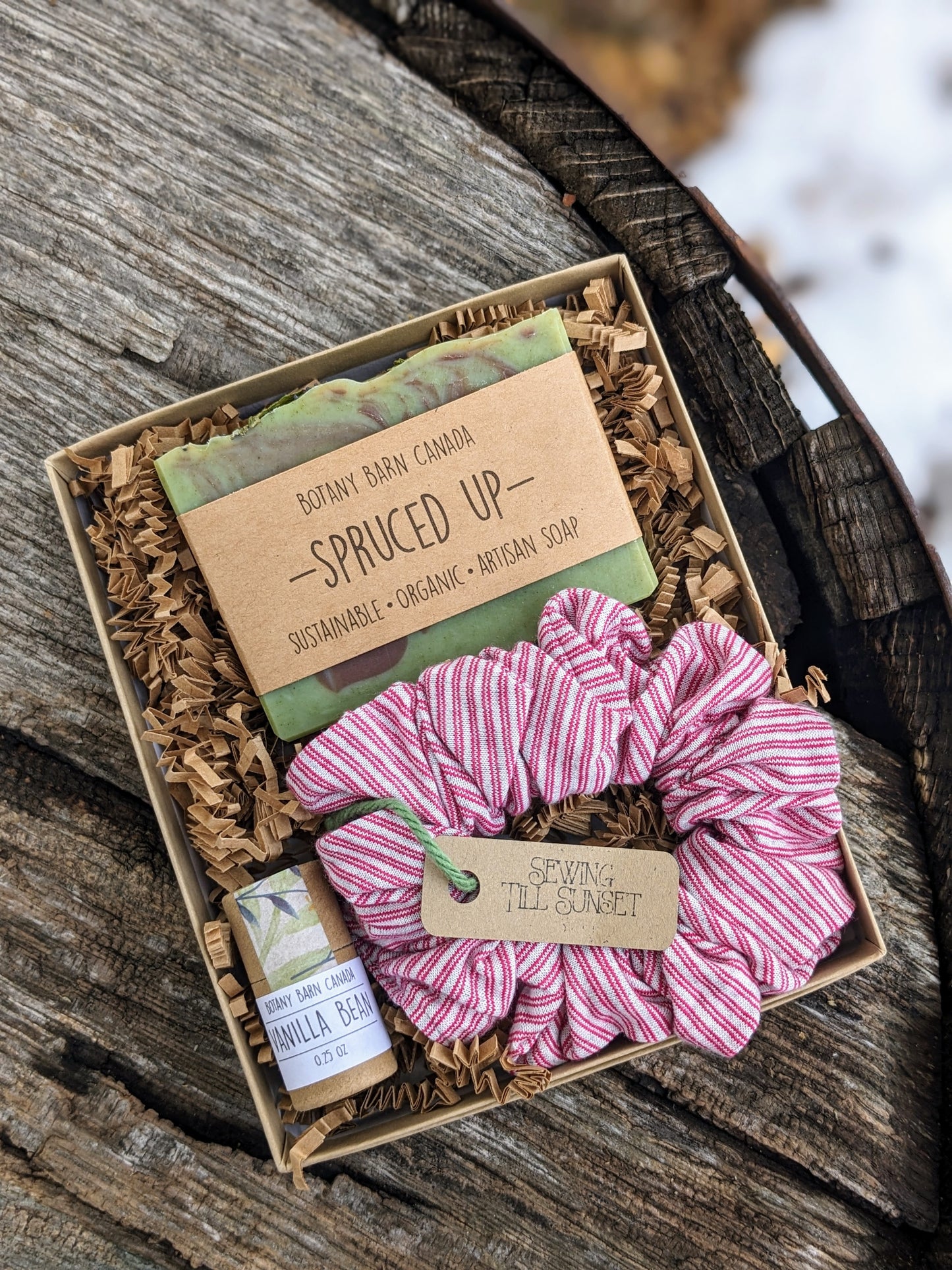 Eco Friendly Gift | Organic Soap, Biodegradable Lip Balm & Handmade Striped Scrunchie