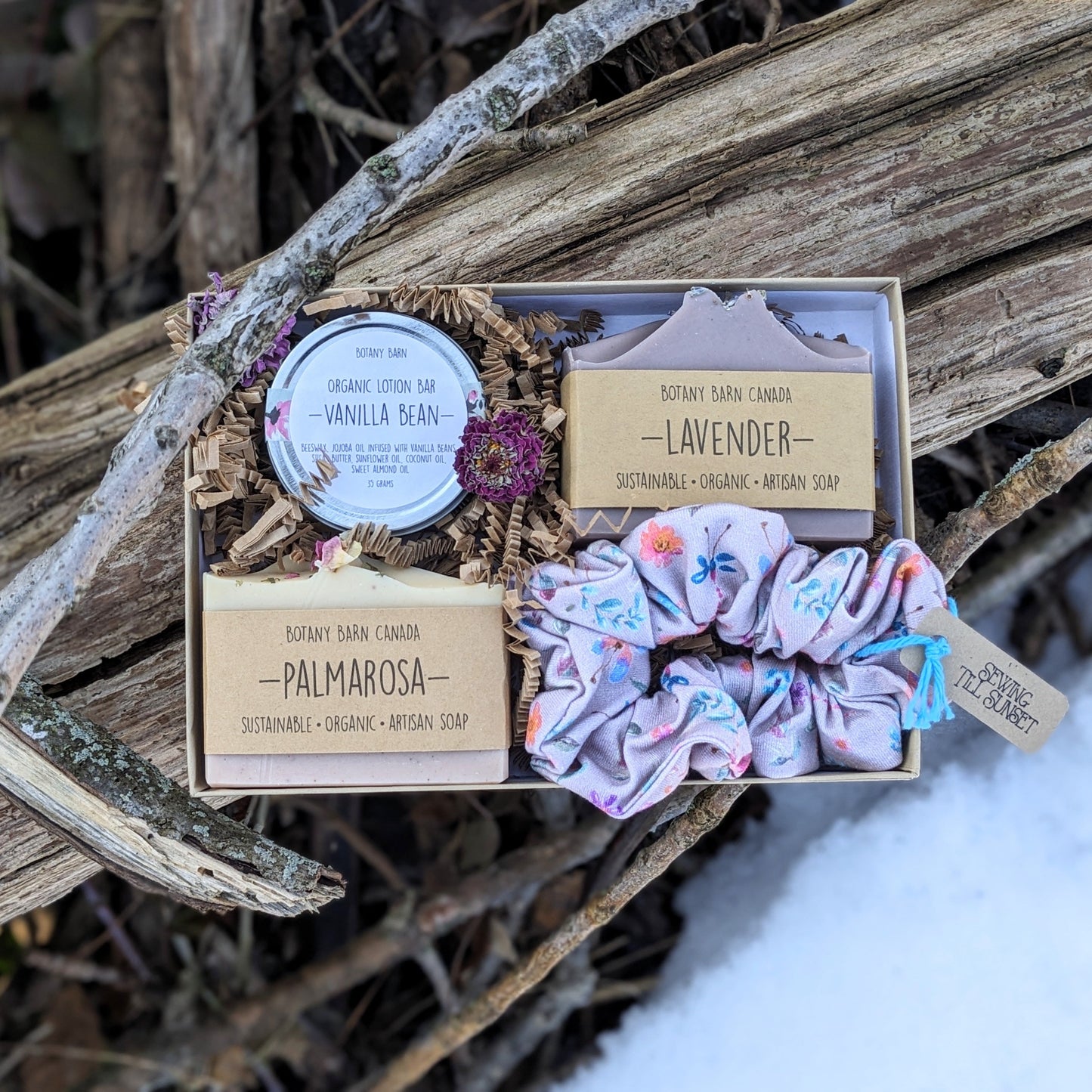 Eco Friendly Gift Set with Natural Soaps, Organic Lotion Bar & Handmade Scrunchie