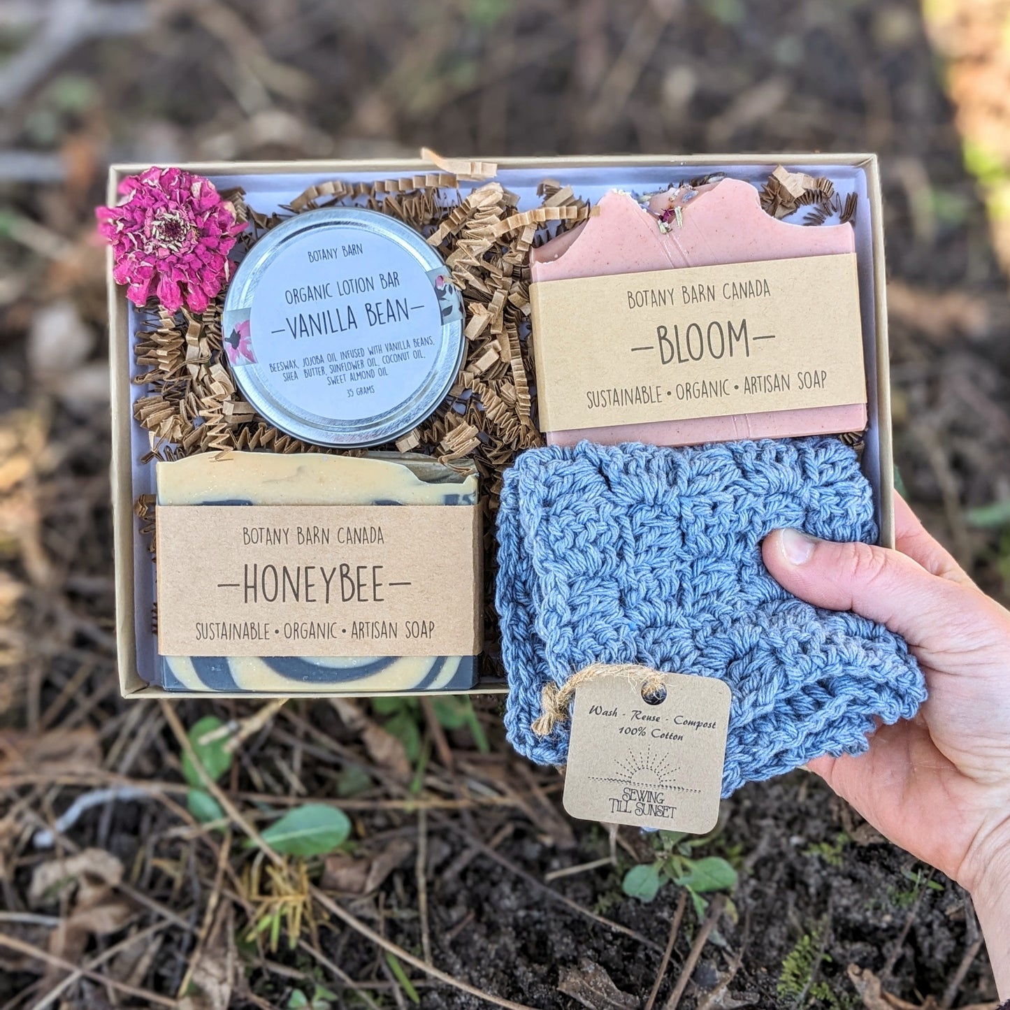 Spa Gift Box with Handmade Organic Soap, Lotion Bar & Blue Washcloth