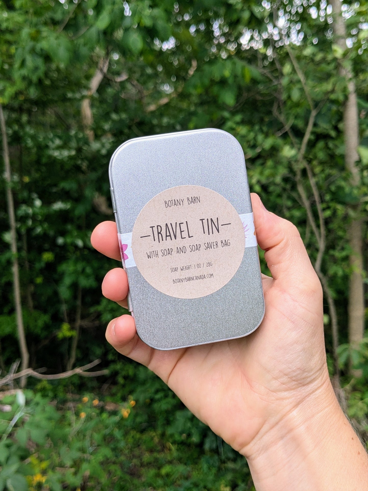 Soap Travel Tin | Mini Organic Soap & Crocheted Soap Saver Bag in a Metal Tin