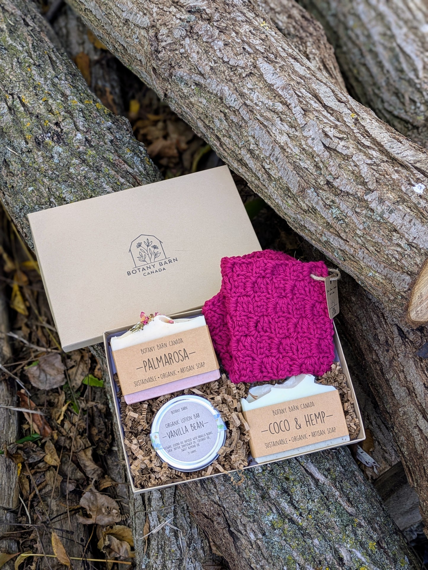 Coffret cadeau spa avec savon biologique fait main, barre de lotion et gant de toilette bleu