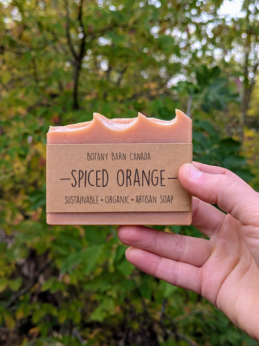 Bar of soap with 'Botany Barn Canada Spiced Orange' label held in front of a natural background