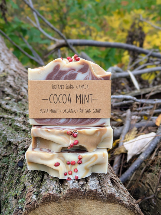 Two bars of soap stacked on a log with a 'Botany Barn Canada' label, set against a natural background.